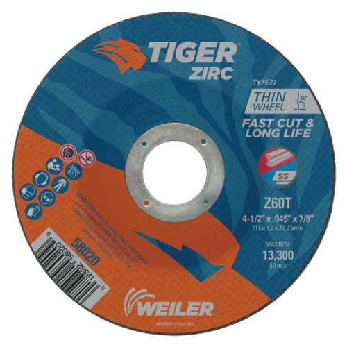 Weiler Tiger Zirc Thin Cutting Wheel, 4 1/2" Dia, .045 Thick, 5/8"-11 Arbor, Grit 24, 25 EA, #58020