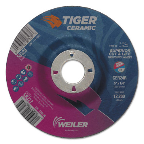 Weiler Tiger Ceramic Grinding Wheels, 5 in Dia., 1/4 in Thick, 7/8 in Arbor, 24 Grit, 10 BX, #58327