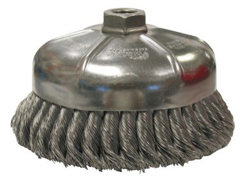 Weiler Single Row Heavy-Duty Knot Cup Brush, 6 in Dia., 5/8-11 UNC, 1 3/8 x .014 Steel, 1 EA, #12356