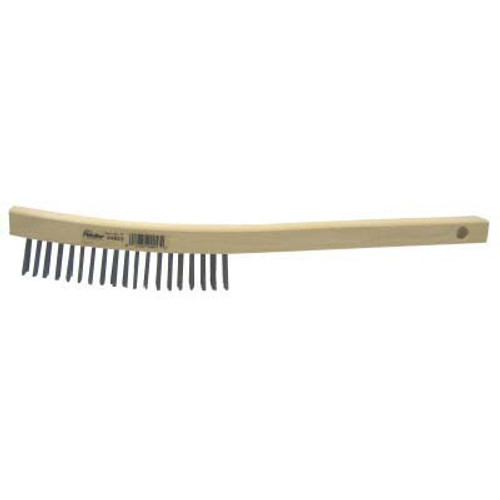 Weiler Curved Handle Scratch Brush, 14", 4X18 Rows, Stainless Steel Wire, Wood Handle, 1 EA, #44057