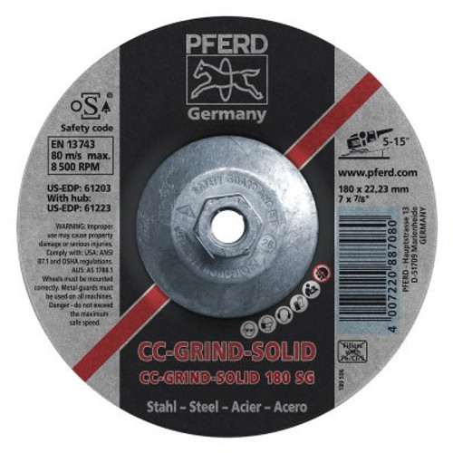 Pferd CC Grind Solid Steel Grinding Discs, Ceramic, 7 in Dia, 5/8 in Arbor, 24 Grit, 10 EA, #61223