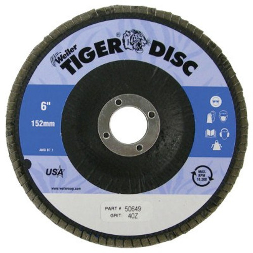 Weiler Tiger Disc Abrasive Flap Discs, 6 in, 40 Grit, 7/8 Arbor, 10,200 rpm, 10/BX, #50649