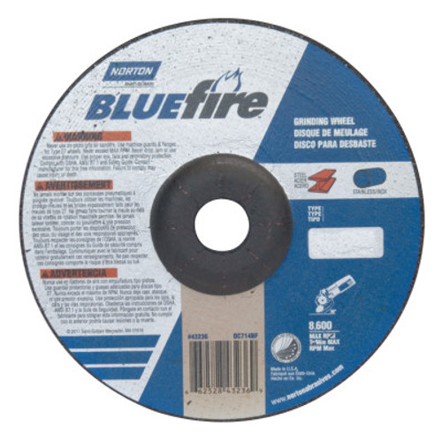 Norton BlueFire Depressed Center Wheels, 7" Dia, 7/8" Arbor, 1/4" Thick, 24 Grit, 20 PK, #66252843236