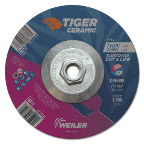 Weiler Tiger Ceramic Cutting Wheels, 7 in Dia., 0.06 in Thick, 60 Grit, Ceramic Alumina, 10 BX, #58312