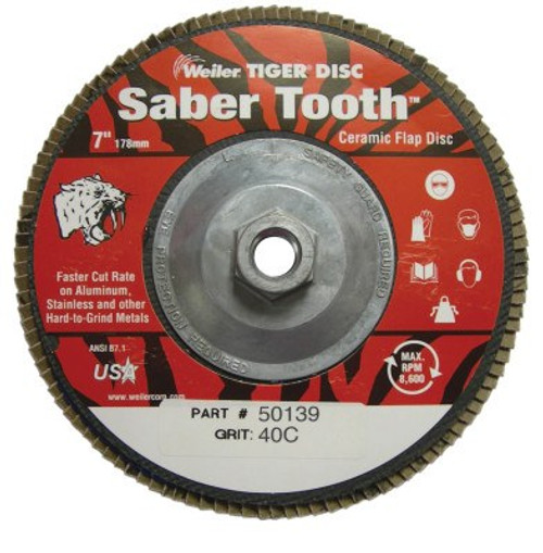 Weiler Saber Tooth Abrasive Flap Discs, Ceramic, 7 in Dia. x 5/8 in, 40 Grit, 1 EA, #50139 Weiler Saber Tooth Abrasive Flap Discs, Ceramic, 7 in Dia. x 5/8 in, 40 Grit, 1 EA, #50139
