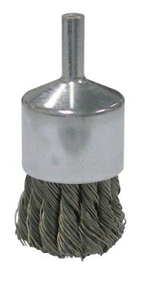 Weiler Vortec Pro Stem Mtd Knot Wire End Brushes, Carbon Steel, 1 in Dia, .02 Wire, 5/CT, #36051