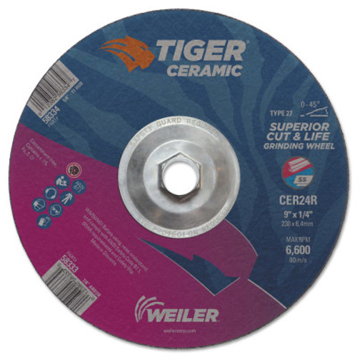 Weiler Tiger Ceramic Grinding Wheels, 9 in Dia., 1/4 in Thick, 24 Grit, Ceramic Alumina, 10 BX, #58334