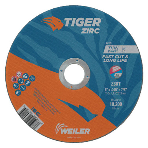 Weiler Tiger Zirc Thin Cutting Wheels, 6 in Dia, .045 Thick, 7/8 in Arbor, Grit 60, 25 EA, #58002