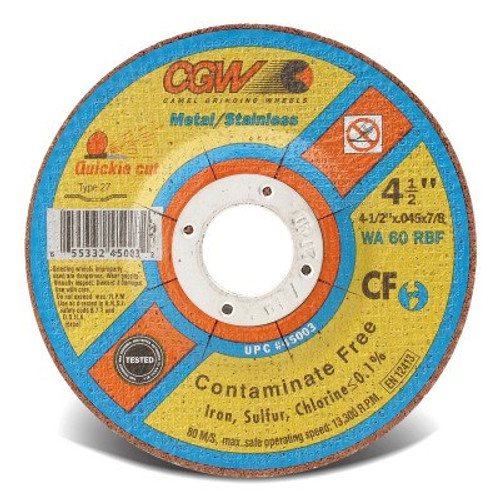 CGW Abrasives Contaminate Free Cut-Off Wheel, 6 in Dia, .045 in Thick, 60 Grit Alum. Oxide, 25/BX, #45017