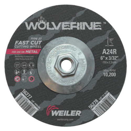 Weiler Wolverine Thin Cutting Wheels, 6 in Dia, 3/32 Thick, 5/8 Arbor, 24 Grit, 10 EA, #56278