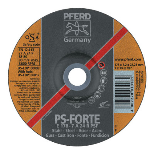 Pferd A24R PSF Grinding Wheels, 7" Dia, 1/4" Thick, 7/8in Arbor, Alum Oxide, 10/pk, 10 PK, #60009