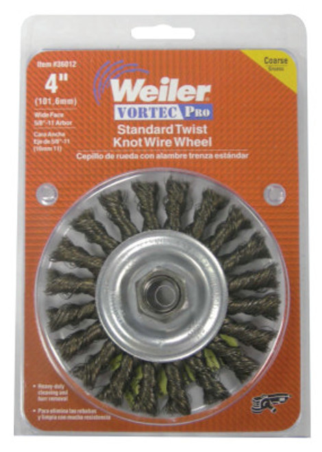 Weiler Vortec Pro Knot Wire Wheel, 4 in Dia, .014 Carbon Steel, 5/8-11 Arbor, Retail Pk, 1 EA, #36012