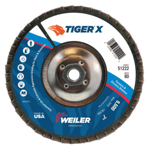 Weiler TIGER X Flap Disc, 7 in Angled, 80 Grit, 5/8 in - 11 Arbor, 10 PK, #51222