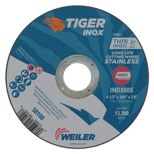 Weiler Tiger Inox Thin Cutting Wheels, 4 1/2 in Dia, .045 in Thick, 7/8 in Arbor, 25 EA, #58100