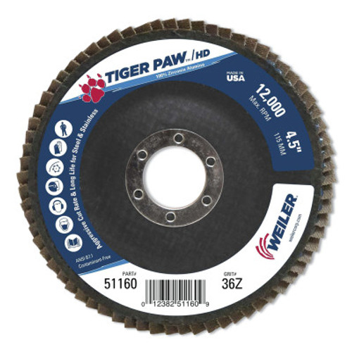 Weiler Tiger Paw Coated Abrasive Flap Discs,4 1/2",36 Grit,7/8 Arbor,Phenolic,12000rpm, 10 CT, #51160