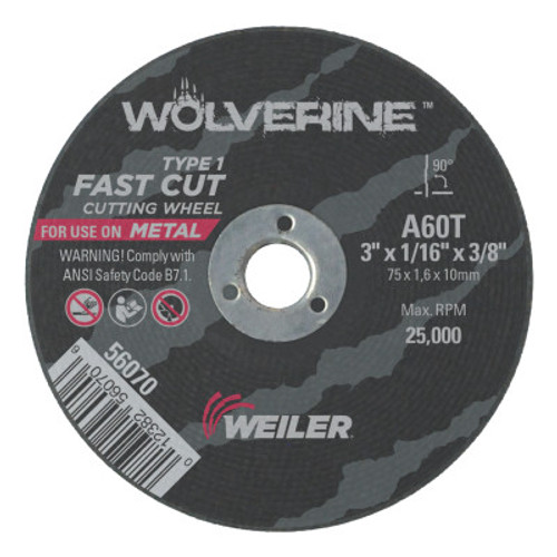 Weiler Wolverine Thin Cutting Wheels, 3 in Dia, 1/16 Thick, 3/8 Arbor, 60 Grit, 1 EA, #56070