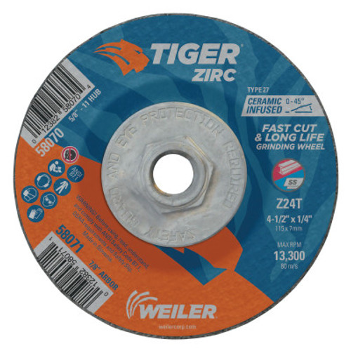 Weiler Tiger Zirc Grinding Wheels, 4 1/2 in Dia, 1/4 in Thick, 5/8 in-11 Arbor, 10 EA, #58070