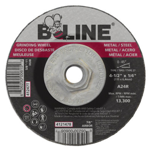 B-Line Depressed Ctr Grinding Wheel,4-1/2 in dia,1/4 in Thick, 5/8 in-11 Arbor, 24 Grit, 10 PK, #90905