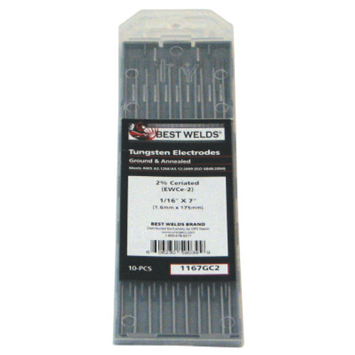 Best Welds 2% Ceria Ground Tungsten Electrodes, 1/16 in Dia, 7 in Long, 1 PK, #1167GC2