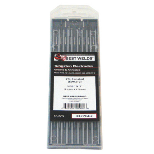 Best Welds 2% Ceria Ground Tungsten Electrodes, 3/32 in Dia, 7 in Long, 10 PK, #3327GC2