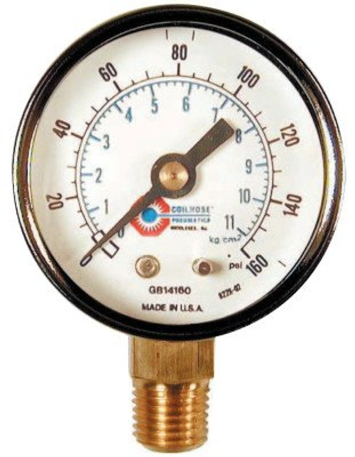 Coilhose Pneumatics 2 in Chrome Plated Gauge, 160 psi (tensile), Chrome, 1/4 in NPT(M), 1 EA, #GB14160