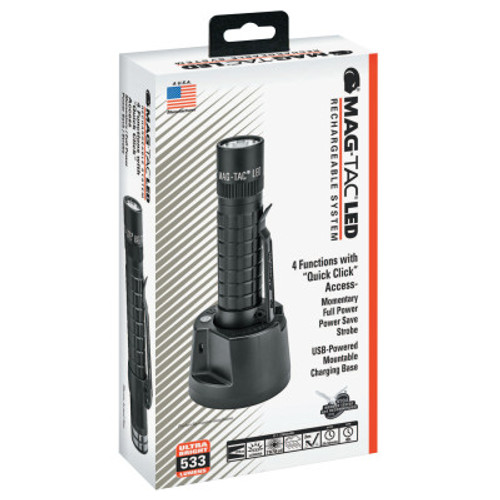 MAG-Lite MAG-TAC LED Rechargeable Flashlight System, Plain Bezel, Black, 533 lumens, 1 EA, #TRM1RE4