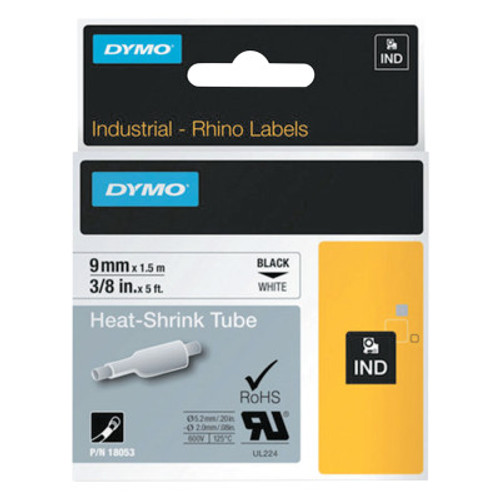 DYMO RHINO Heat Shrink Tubes, 1 1/2 in x 3/8 in, Black on White, 5/PK, #18053