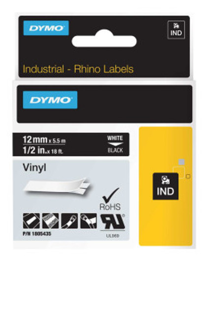 DYMO RHINO Industrial Vinyl Labels, 18 ft, White/Red, 5/PK, #1805422