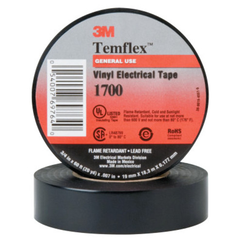 3M Temflex Friction Tape, 3/4 in X 60 ft, 13 mil, Black, 20/CA