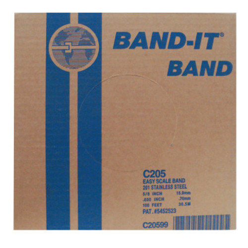 Band-It Stainless Steel Bands, 5/8 in x 100 ft, 0.03 in Stainless Steel 201, 1/RL, #C20599