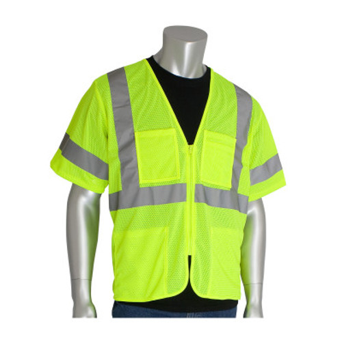 Protective Industrial Products, Inc. ANSI Type R Class 3 Value Four Pocket Zipper Mesh Vests, X-Large, Hi-Viz Yellow, 50/CA, #303MVGZ4PLYXL