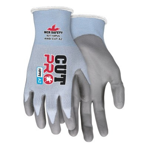 MCR Safety Cut Pro PU Palm/Fingers, Large, Gray/Light Blue, 12 Pair, #92718PUL
