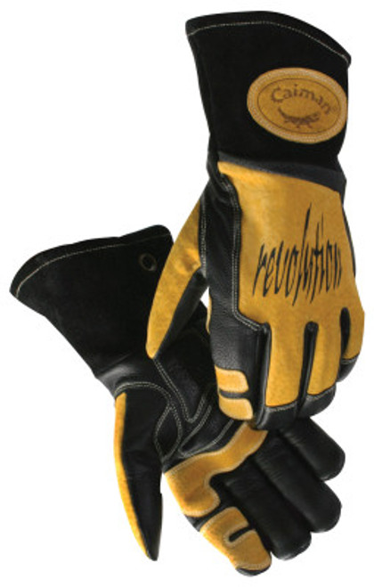 Caiman Revolution Welding Gloves, Cow Grain Leather, X-Large, Black/Gold, 1/PR, #1832XL