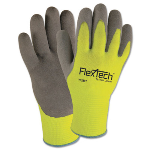Wells Lamont FlexTech Hi-Visibility Knit Thermal Gloves w/Latex Palm, 2X-Large, Gray/Green, 1/PR, #Y9239TXXL