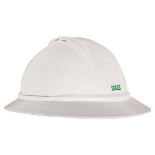 MSA V-Gard 500 Protective Cap, 4-point Ratchet, Vented Full Brim Hard Hat, White, 1/EA, #10167911