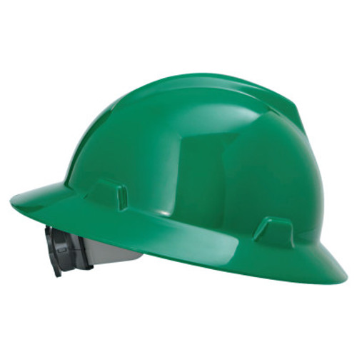 MSA V-Gard Slotted Full Brim Hard Hats, Fas-Trac III Suspension, Green 1/EA #475370