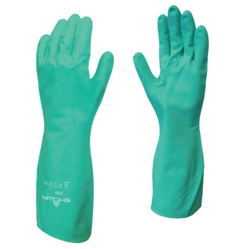 SHOWA Flock-Lined Nitrile Disposable Gloves, Gauntlet Cuff, Size 7/Small, Green, 12 Pair, #73007