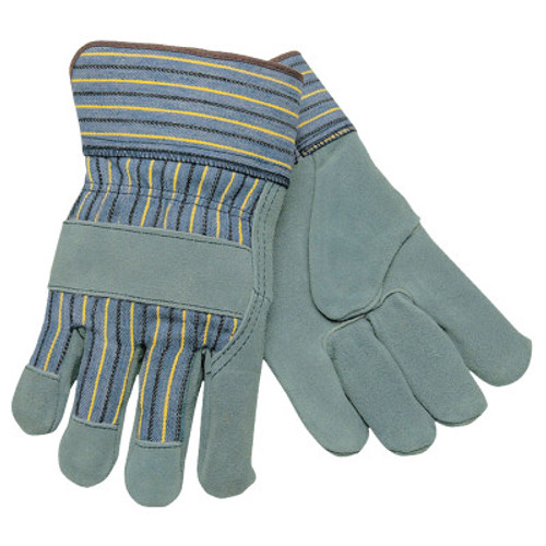 MCR Safety Select Split Cow Gloves, Large, Leather, Gray/Brown w/Blue/Yellow/Black Stripes, 12 Pair, #1450L