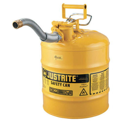 Justrite Type II AccuFlow Safety Cans, Diesel, 5 gal, Yellow, 1" Hose, 1/EA, #7250230
