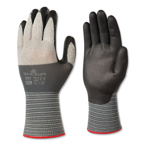 SHOWA Coated Gloves, Size XL, 9-1/2 in L, Gray, PR, 12 Pair, #381XL09