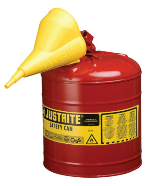 Justrite Type I Safety Cans, Flammables, 2 1/2 gal, Red, Funnel, 1/EA, #7125110