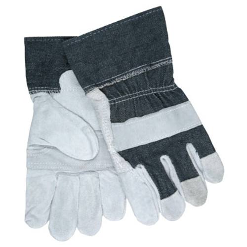 MCR Safety Economy Leather Patch Palm Gloves, Large, Split Cowhide, Gray/Blue, 12 Pair, #1220DX
