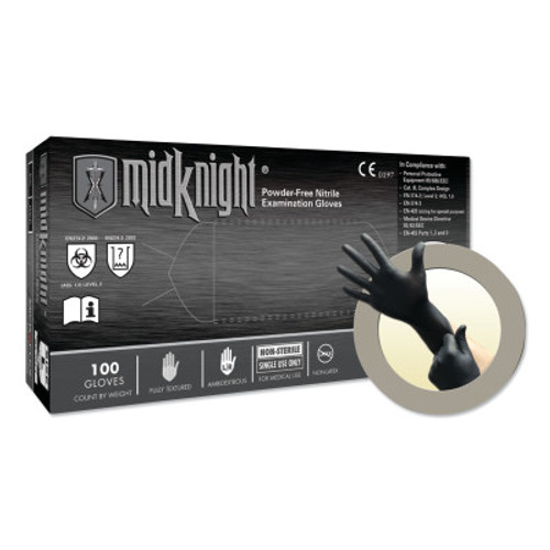 Ansell MidKnight MK-296 Nitrile Exam Gloves, Beaded, Large, Black, 100/BX, #MK296L