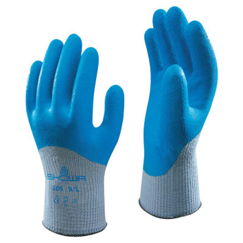 SHOWA 305 Latex Coated Gloves, Large, Blue/Gray, 12 Pair, #305L09