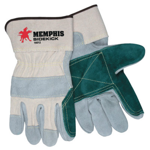 MCR Safety Sidekick Side Leather Gloves, Large, Leather, Green/White/Gray, 12 Pair, #16012LN