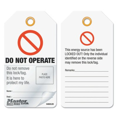 Master Lock Self-Laminating Photo ID Tags, English/UK Symb, 5 4/5 in x 3 1/5 in, WH, Red, BK, 6/BX, #S4802LEN Master Lock Self-Laminating Photo ID Tags, English/UK Symb, 5 4/5 in x 3 1/5 in, WH, Red, BK, 6/BX, #S4802LEN