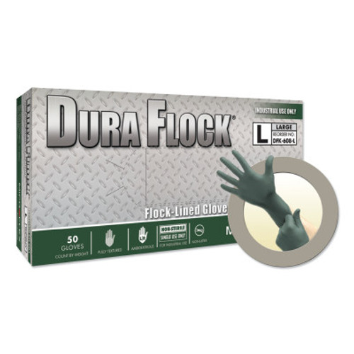 Ansell Dura Flock DFK-608 Disposable Nitrile Gloves, Beaded, Flock Lined, Large, Dark Green, 50/BX, #DFK608L