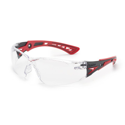 Bolle Rush+ Series Safety Glasses, Clear Lens, Anti-Fog/Anti-Scratch, Gray/Red Temple, 10/BX, #41080