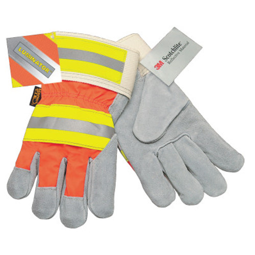 MCR Safety Luminator Leather Palm Gloves, Large, Orange/Black, 12 Pair, #1440L