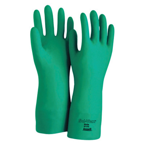 Ansell Solvex Nitrile Gloves, Gauntlet Cuff, Cotton Flock Lined, 15 mil, Size 9, Green, 12 Pair, #100015